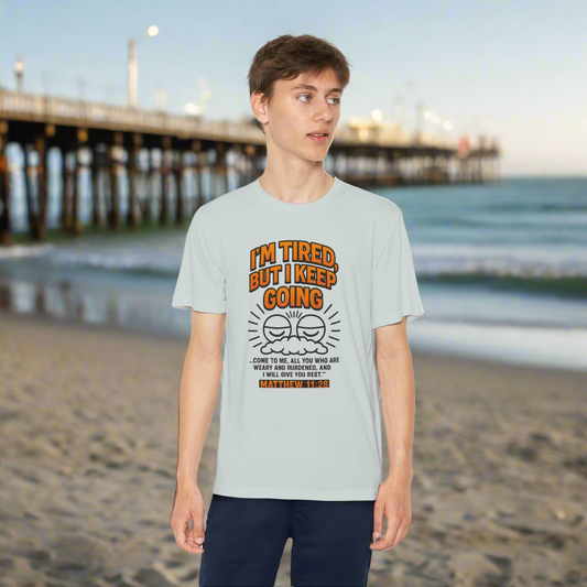 “I’m Tired, But I Keep Going” Youth Bible Verse Tee – Matthew 11:28 Graphic Shirt