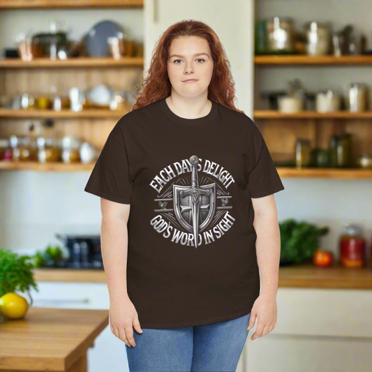 Christian Tee with 'Each day’s delight, God’s word in sight' Phrase