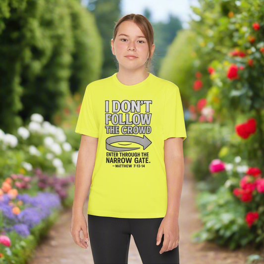 “I Don’t Follow the Crowd” Youth Tee – Matthew 7:13–14 Scripture Shirt