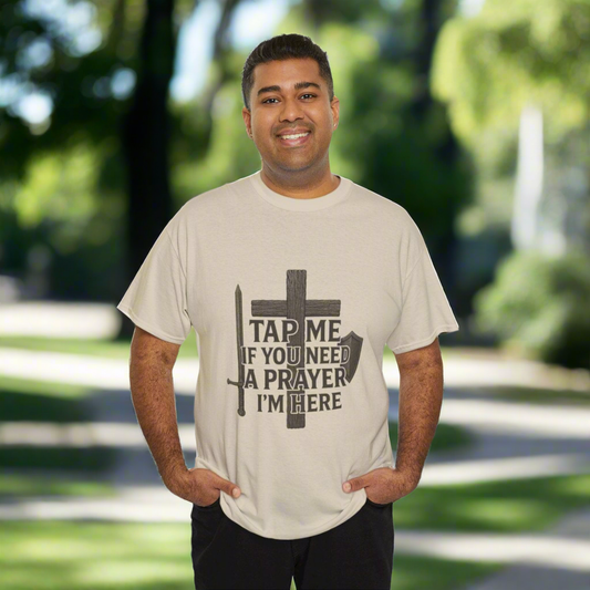Christian Tee with 'Tap me if you need a prayer' design