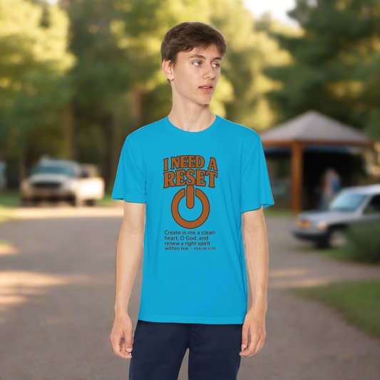 T-Shirt Christian Youth Competitor Tee with 'I Need a Reset' Psalm Quote