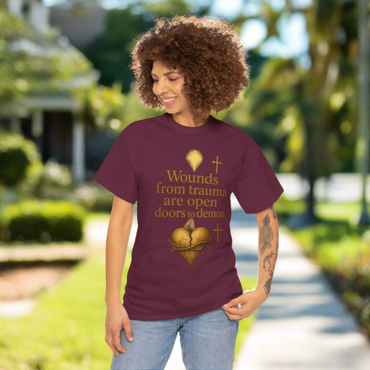 Christian Heavy Cotton Tee - 'Wounds From Trauma Are Open Door to Demons'